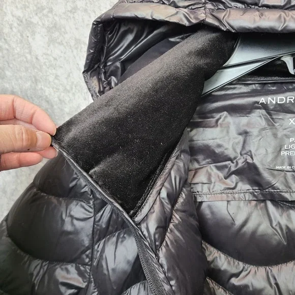Andrew Marc Down Packable Maxi Jacket Women XL‎ Black 650 Fill Removeable Hood - Picture 12 of 13